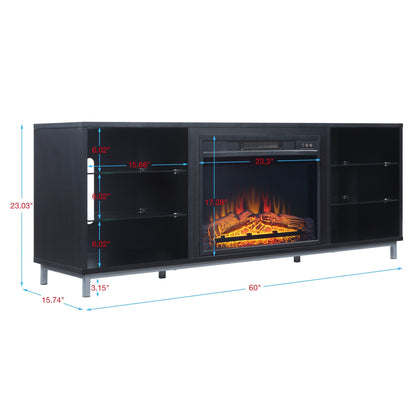 Firey 60" TV-Schrank/Kamin mit Glasablagen – Schwarz Hochglanz