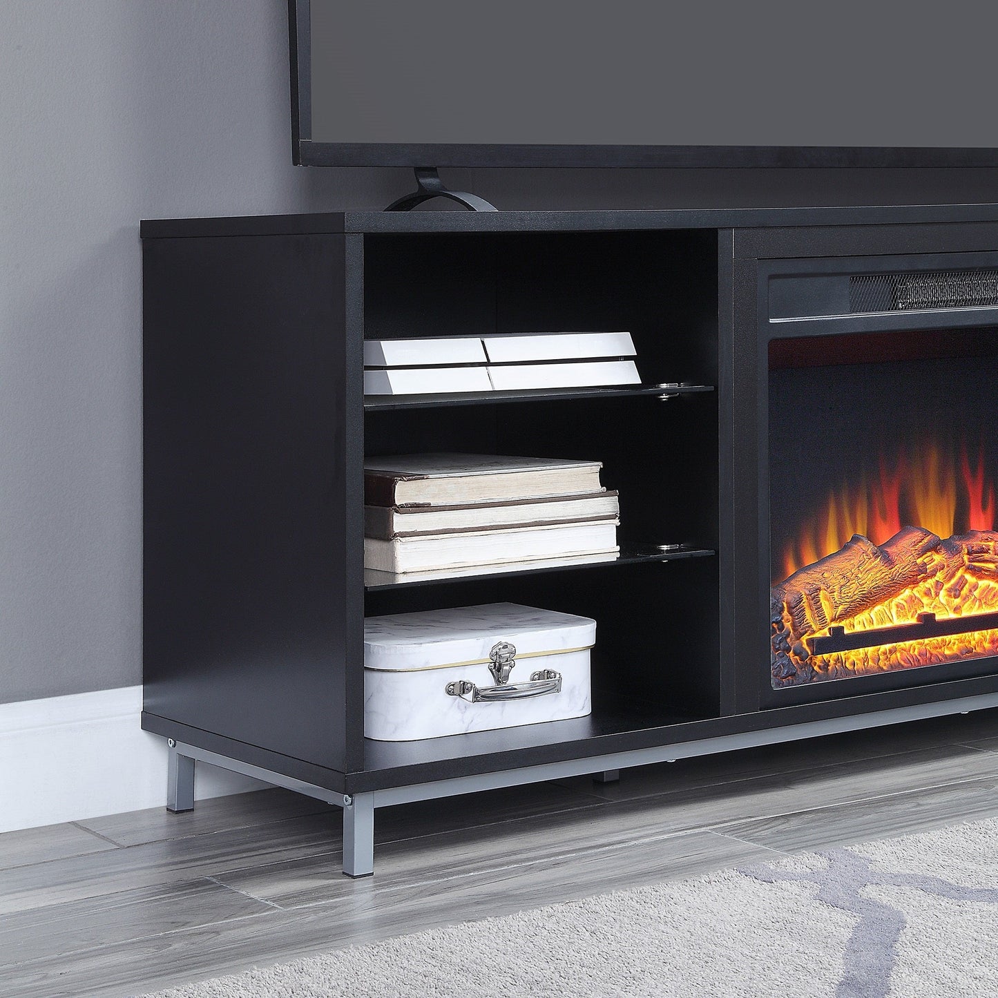Firey 60" TV-Schrank/Kamin mit Glasablagen – Schwarz Hochglanz