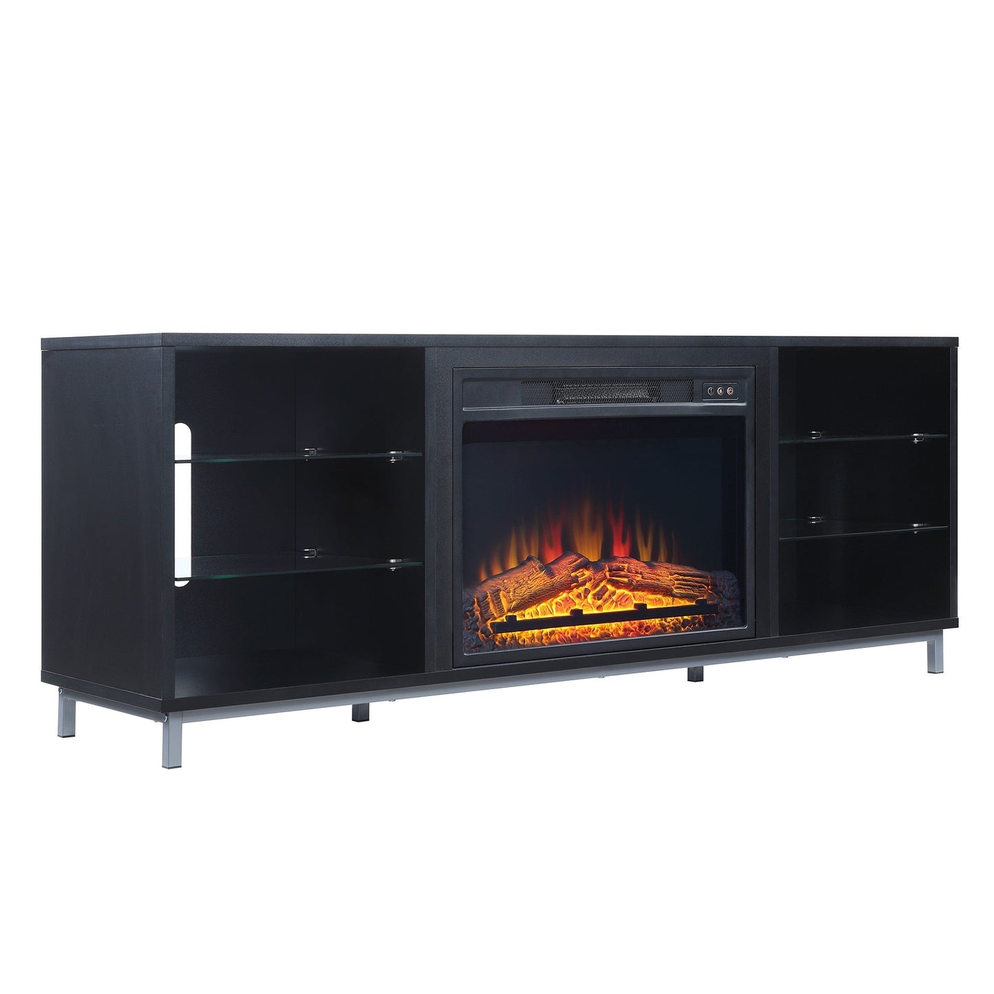 Firey 60" TV-Schrank/Kamin mit Glasablagen – Schwarz Hochglanz