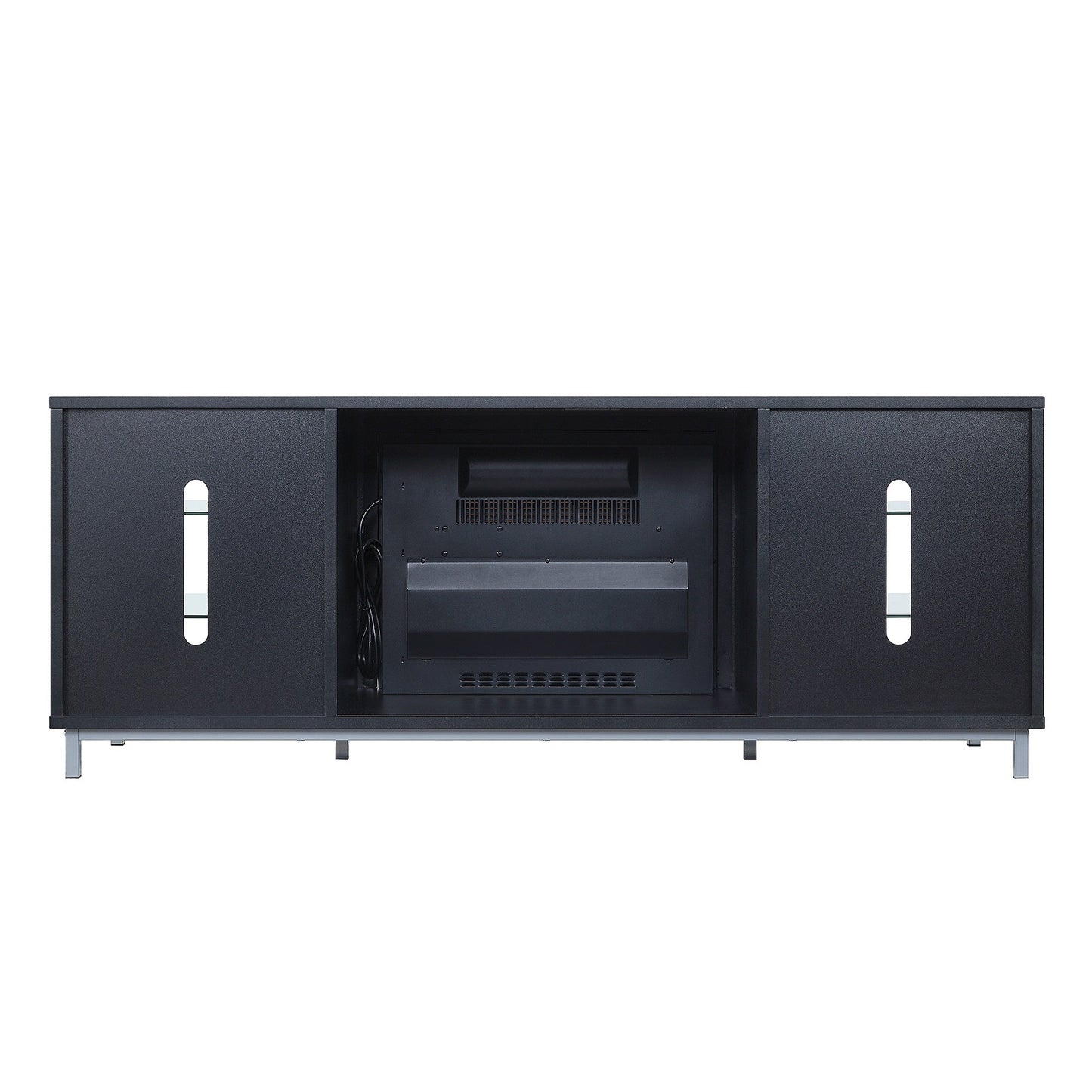 Firey 60" TV-Schrank/Kamin mit Glasablagen – Schwarz Hochglanz