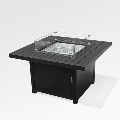 Feuerstelle aus schwarzem Aluminium in quadratischer Ausführung für Draußen mit Windschutz & Abdeckung