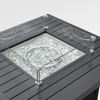 Feuerstelle aus schwarzem Aluminium in quadratischer Ausführung für Draußen mit Windschutz & Abdeckung