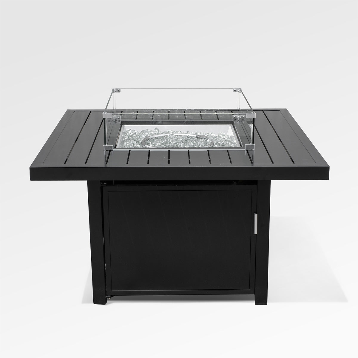 Feuerstelle aus schwarzem Aluminium in quadratischer Ausführung für Draußen mit Windschutz & Abdeckung