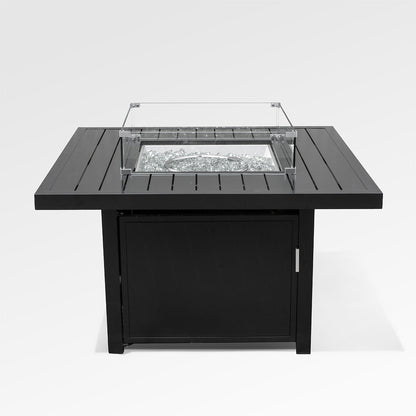 Feuerstelle aus schwarzem Aluminium in quadratischer Ausführung für Draußen mit Windschutz & Abdeckung