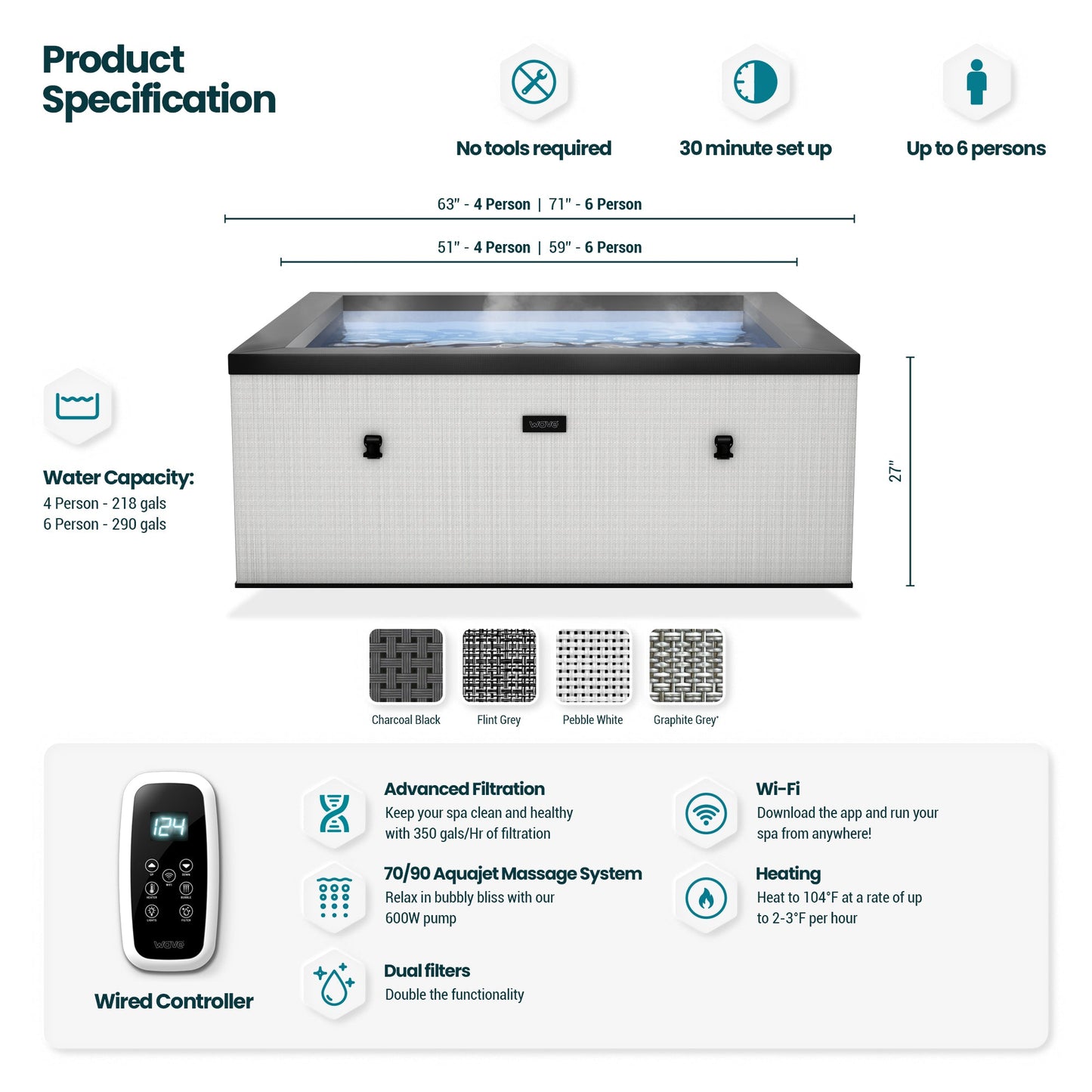 Wave | Garda | 4/6-Personen Öko-Schaum-Whirlpool | Quadratisch | Integrierte Heizung