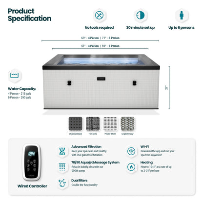Wave | Garda | 4/6-Personen Öko-Schaum-Whirlpool | Quadratisch | Integrierte Heizung