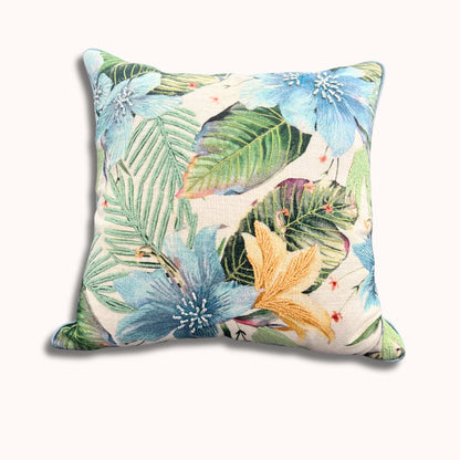 40x40cm Kissenbezug mit blau-grüner Blumenstickerei – Botanisches Gartendesign, quadratisches Akzentkissen