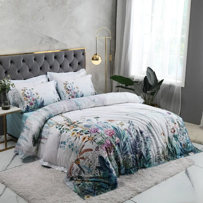 Wild Whimsy 600 TC Blumen Baumwoll-Bettwäsche-Set – Weiß/Aqua