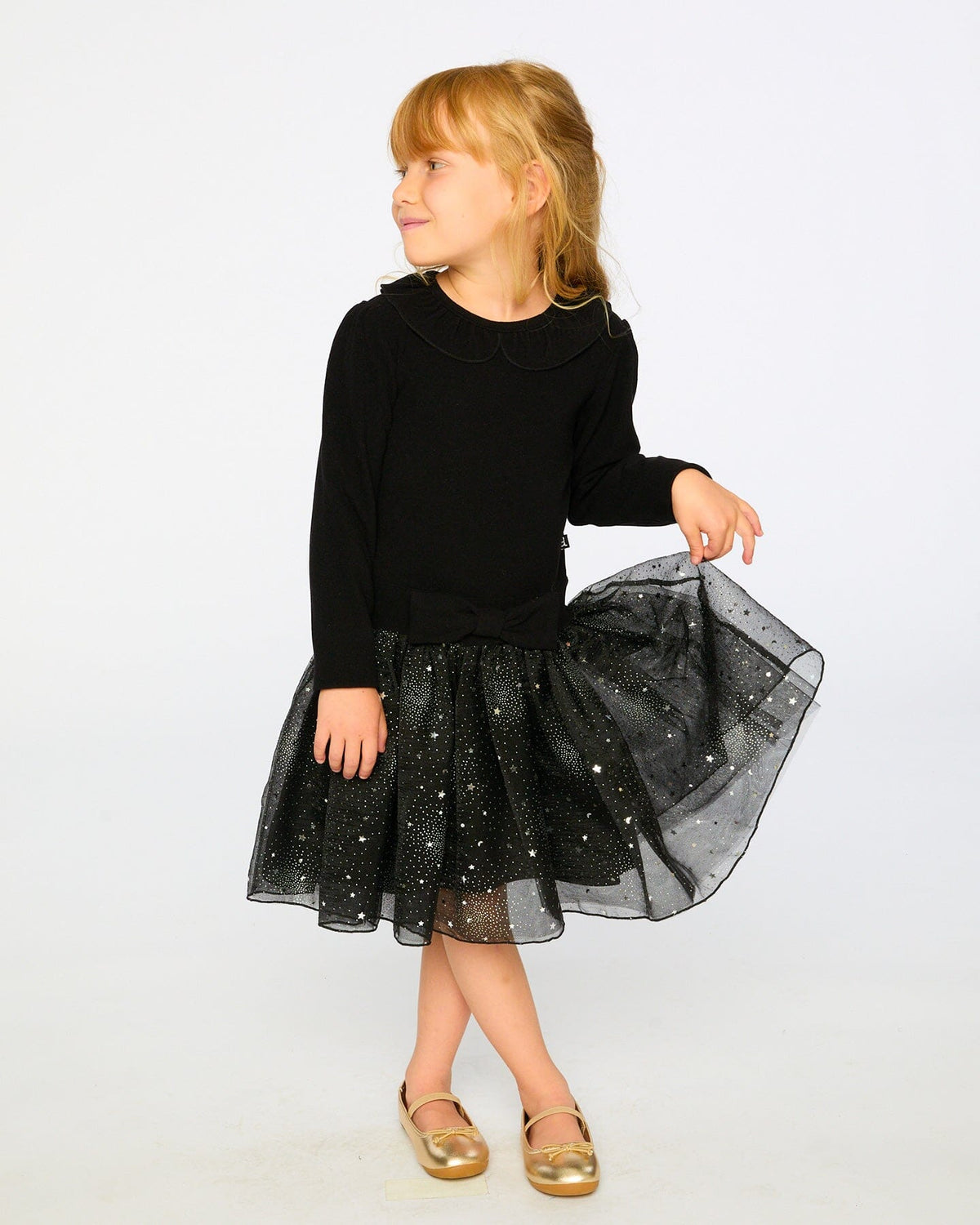 Bi-Material Dress With Glittering Skirt Black