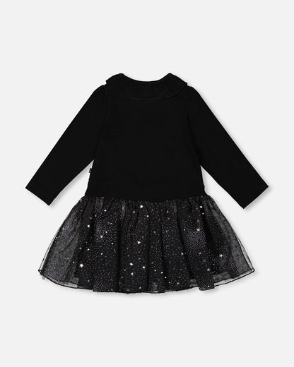 Bi-Material Dress With Glittering Skirt Black