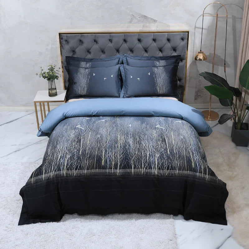 Wild Whimsy 600 TC Blumen-Bettwäsche-Set aus Baumwolle - Marineblau