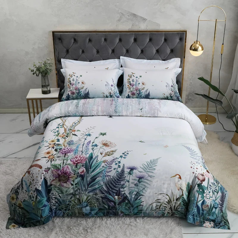 Wild Whimsy 600 TC Blumen Baumwoll-Bettwäsche-Set – Weiß/Aqua