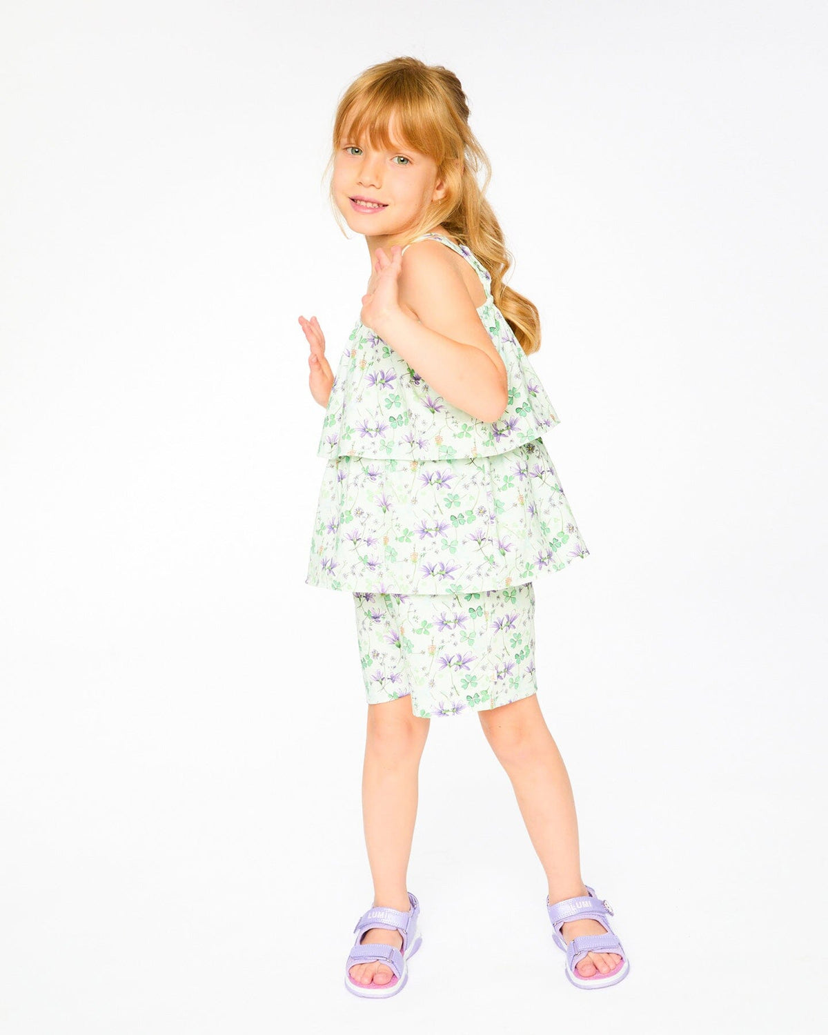 Jersey Romper With Tiers Green Printed Flowers