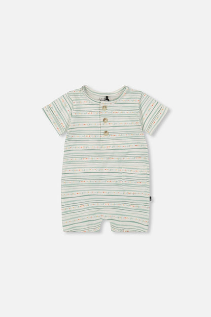 Organic Cotton Romper White Printed Mint Green Lines