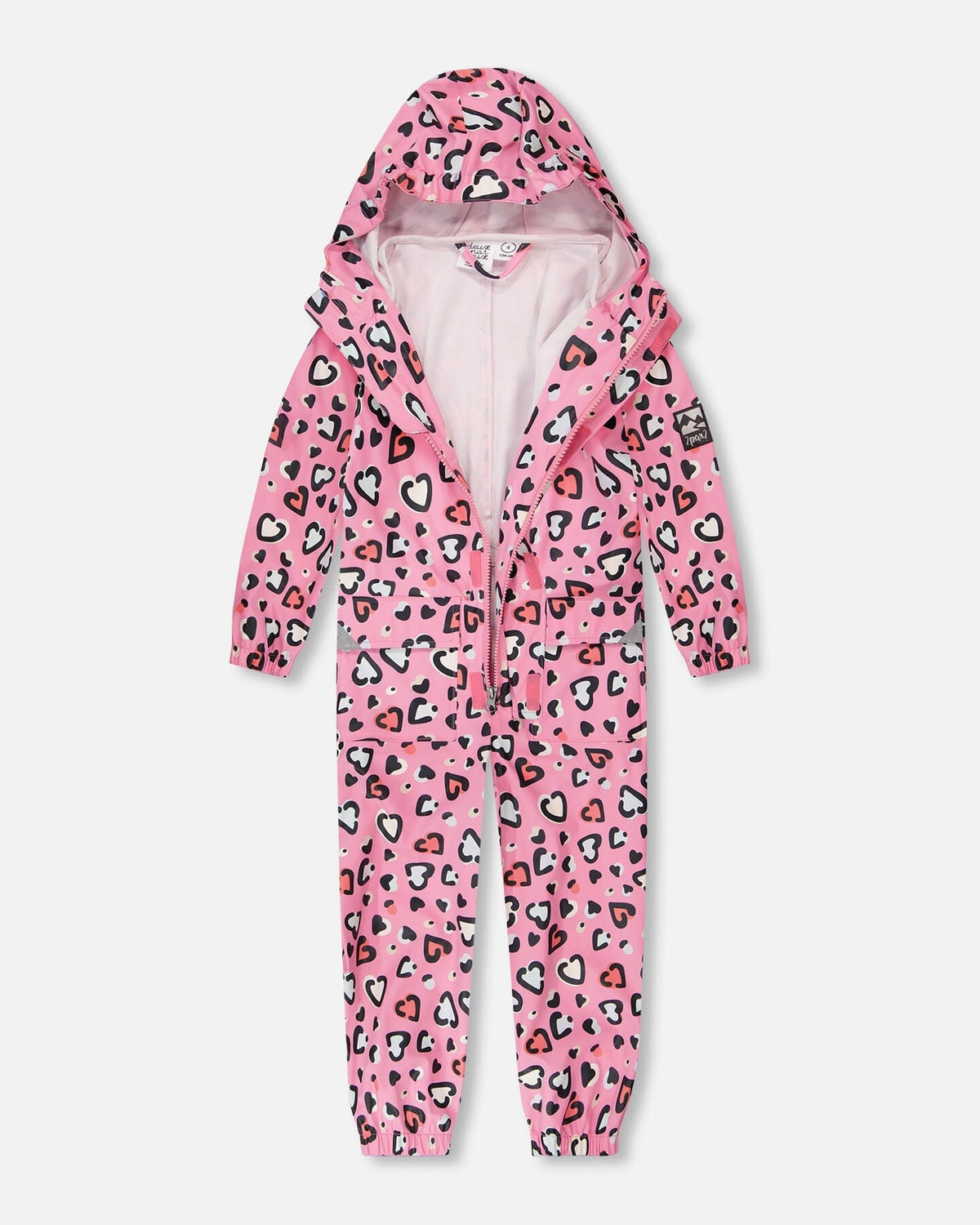Pink rain jumpsuit with color-changing hearts print