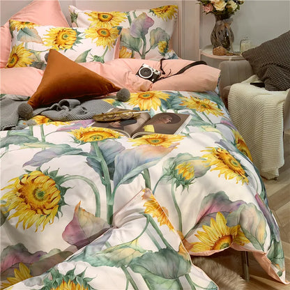 Bettwäsche-Set Eden 600 TC Sonnenblume Baumwolle – Weiß/Gelb