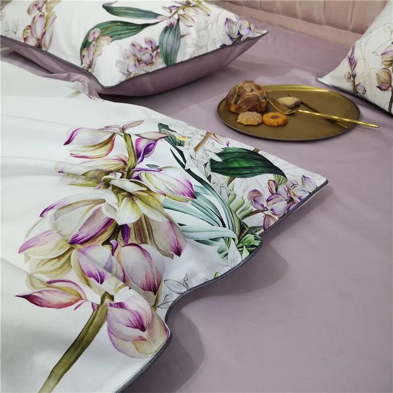 Bettwäsche-Set Eden 600 TC aus Baumwolle mit Blumenmuster - Weiß/Flieder