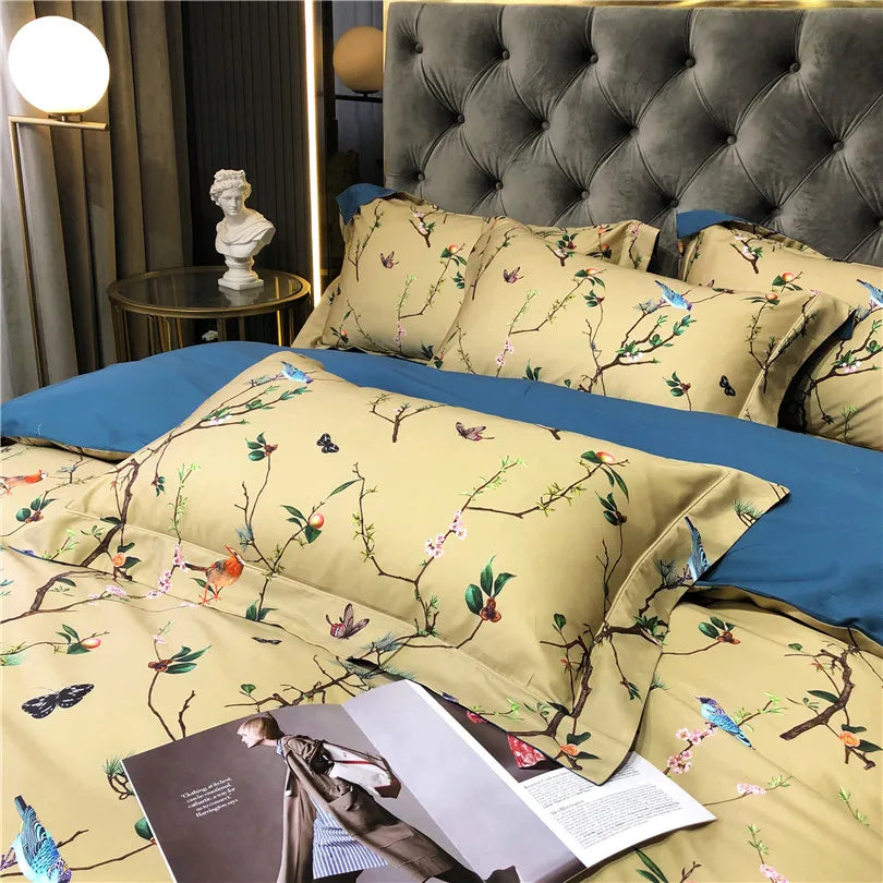 Wild Whimsy 600 TC Blumen-Bettwäsche-Set aus Baumwolle – Olivgrün