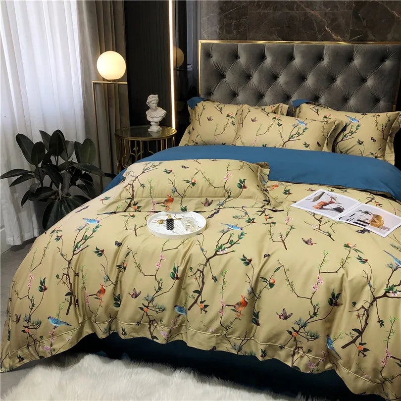 Wild Whimsy 600 TC Blumen-Bettwäsche-Set aus Baumwolle – Olivgrün