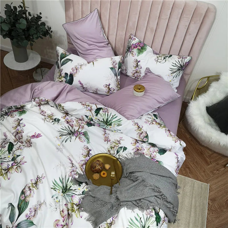 Bettwäsche-Set Eden 600 TC aus Baumwolle mit Blumenmuster - Weiß/Flieder