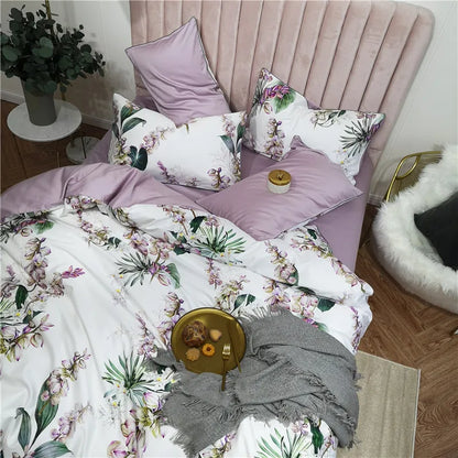 Bettwäsche-Set Eden 600 TC aus Baumwolle mit Blumenmuster - Weiß/Flieder