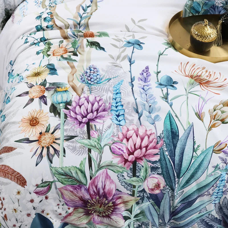 Wild Whimsy 600 TC Blumen Baumwoll-Bettwäsche-Set – Weiß/Aqua
