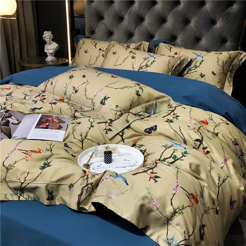 Wild Whimsy 600 TC Blumen-Bettwäsche-Set aus Baumwolle – Olivgrün