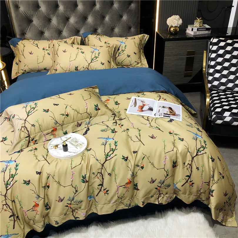 Wild Whimsy 600 TC Blumen-Bettwäsche-Set aus Baumwolle – Olivgrün