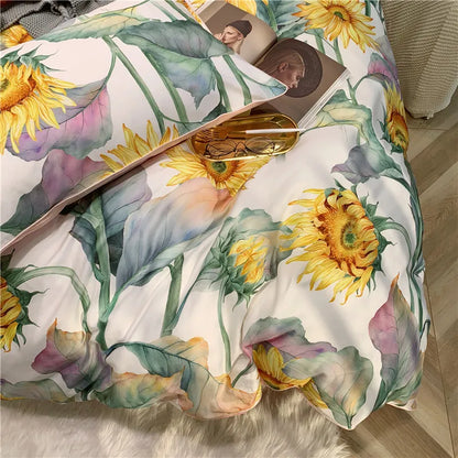 Bettwäsche-Set Eden 600 TC Sonnenblume Baumwolle – Weiß/Gelb
