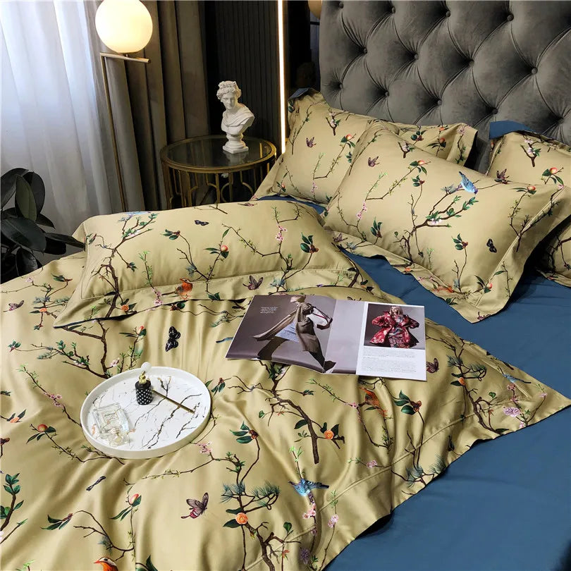 Wild Whimsy 600 TC Blumen-Bettwäsche-Set aus Baumwolle – Olivgrün