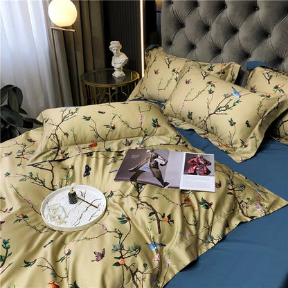 Wild Whimsy 600 TC Blumen-Bettwäsche-Set aus Baumwolle – Olivgrün