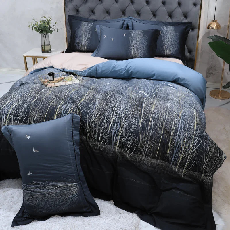 Wild Whimsy 600 TC Blumen-Bettwäsche-Set aus Baumwolle - Marineblau