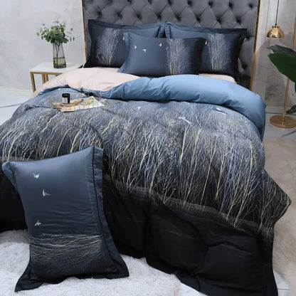 Wild Whimsy 600 TC Blumen-Bettwäsche-Set aus Baumwolle - Marineblau
