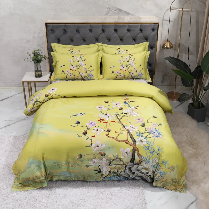 Wild Whimsy 600 TC Blumen-Bettwäsche-Set aus Baumwolle – Grün