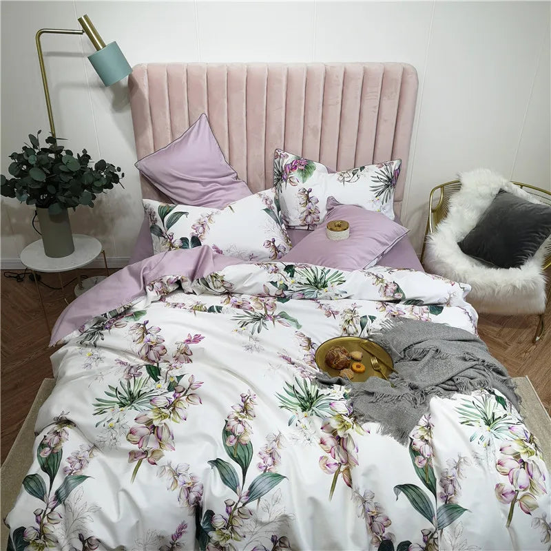 Bettwäsche-Set Eden 600 TC aus Baumwolle mit Blumenmuster - Weiß/Flieder