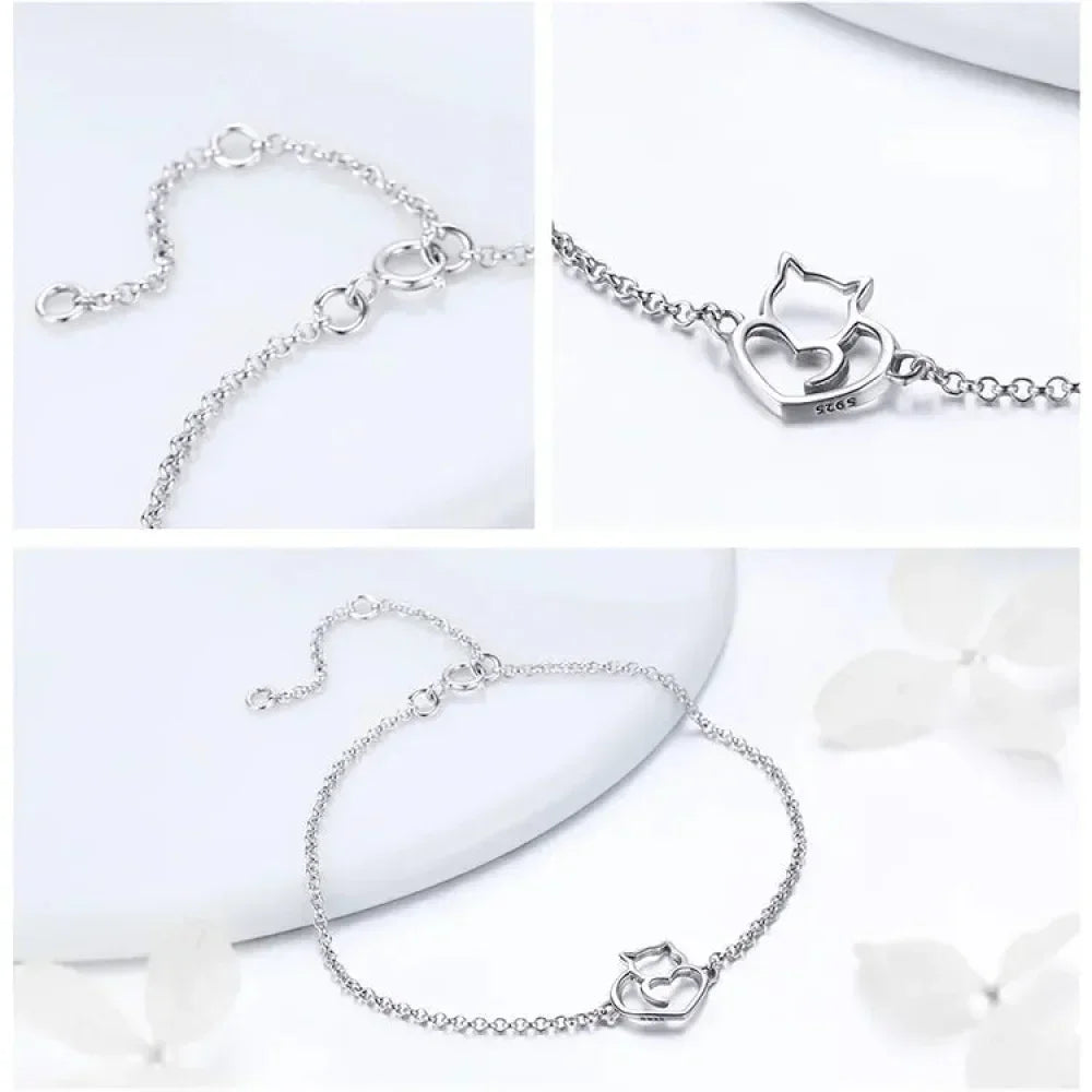 925 Sterling Silver Cat Heart Chain Bracelet