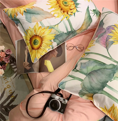 Bettwäsche-Set Eden 600 TC Sonnenblume Baumwolle – Weiß/Gelb