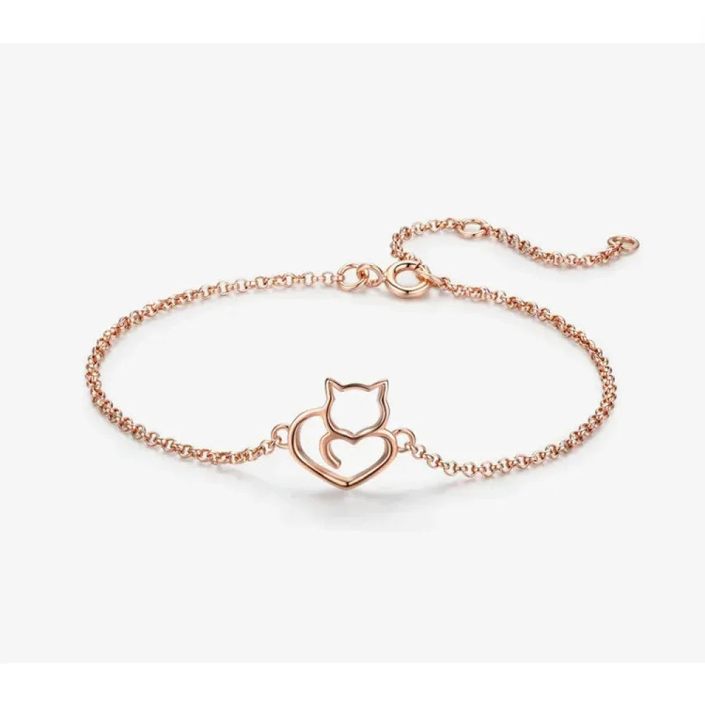925 Sterling Silver Cat Heart Chain Bracelet
