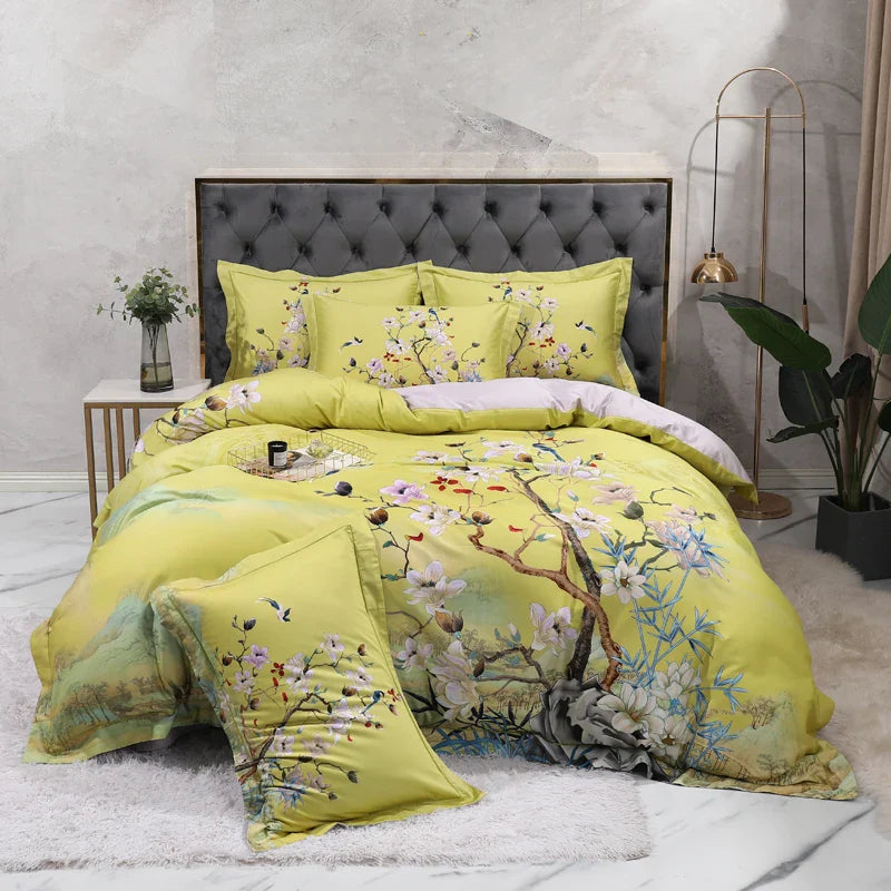 Wild Whimsy 600 TC Blumen-Bettwäsche-Set aus Baumwolle – Grün