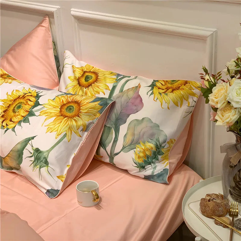 Bettwäsche-Set Eden 600 TC Sonnenblume Baumwolle – Weiß/Gelb