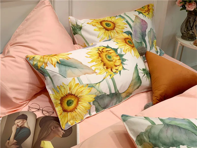 Bettwäsche-Set Eden 600 TC Sonnenblume Baumwolle – Weiß/Gelb