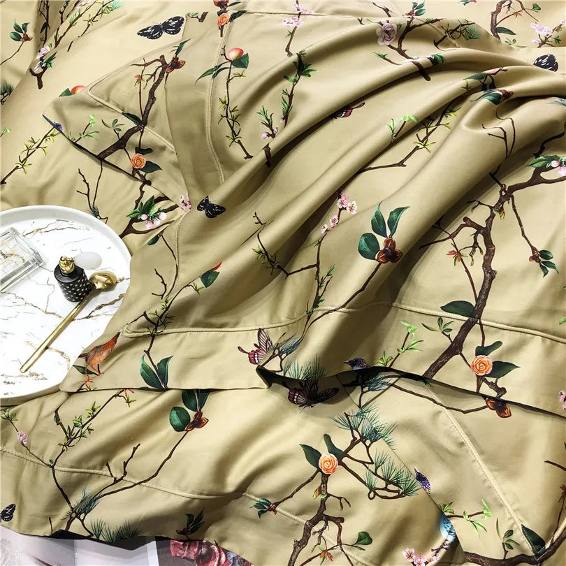 Wild Whimsy 600 TC Blumen-Bettwäsche-Set aus Baumwolle – Olivgrün