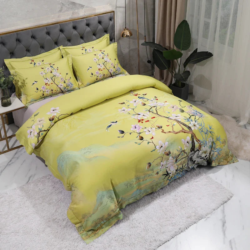 Wild Whimsy 600 TC Blumen-Bettwäsche-Set aus Baumwolle – Grün