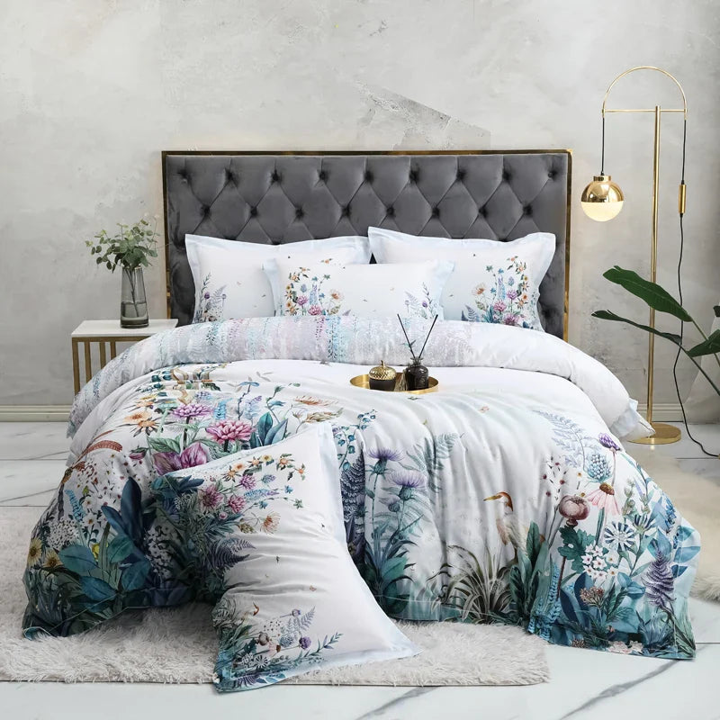Wild Whimsy 600 TC Blumen Baumwoll-Bettwäsche-Set – Weiß/Aqua