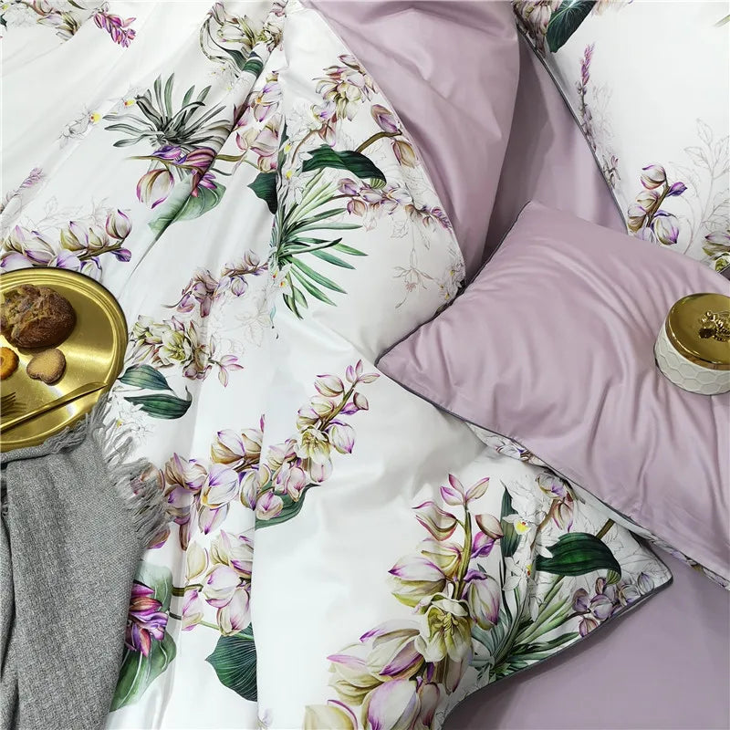 Bettwäsche-Set Eden 600 TC aus Baumwolle mit Blumenmuster - Weiß/Flieder