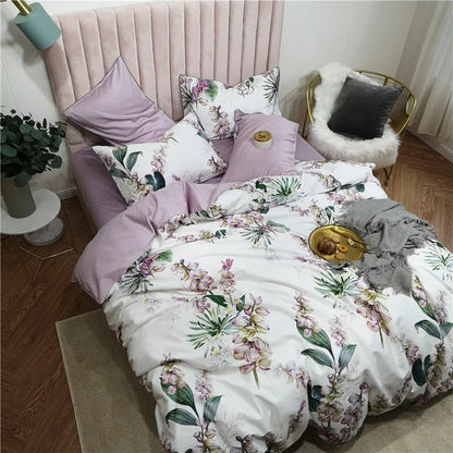 Bettwäsche-Set Eden 600 TC aus Baumwolle mit Blumenmuster - Weiß/Flieder