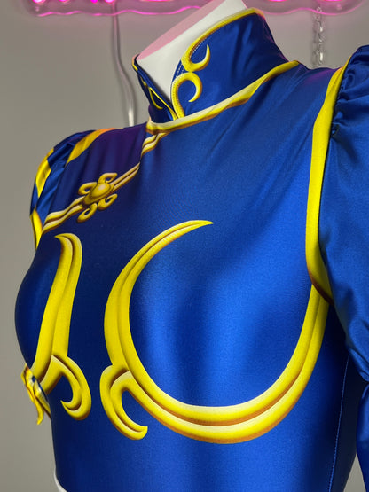 【DISCONTINUED】Chun-Li Inspired Cosplay Bodysuit Set with Detachable Skirt & Accessories