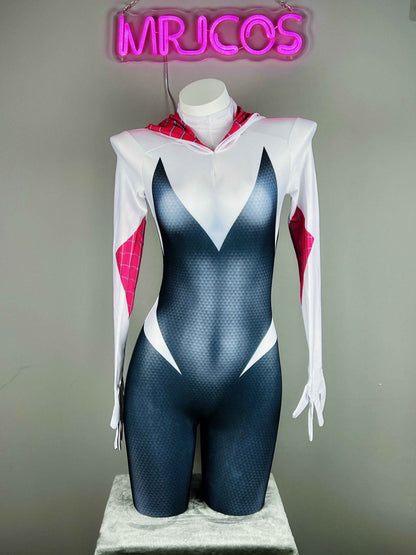 Super Hero Spider Gwen Cosplay Full Bodysuit Halloween Costume Zentai