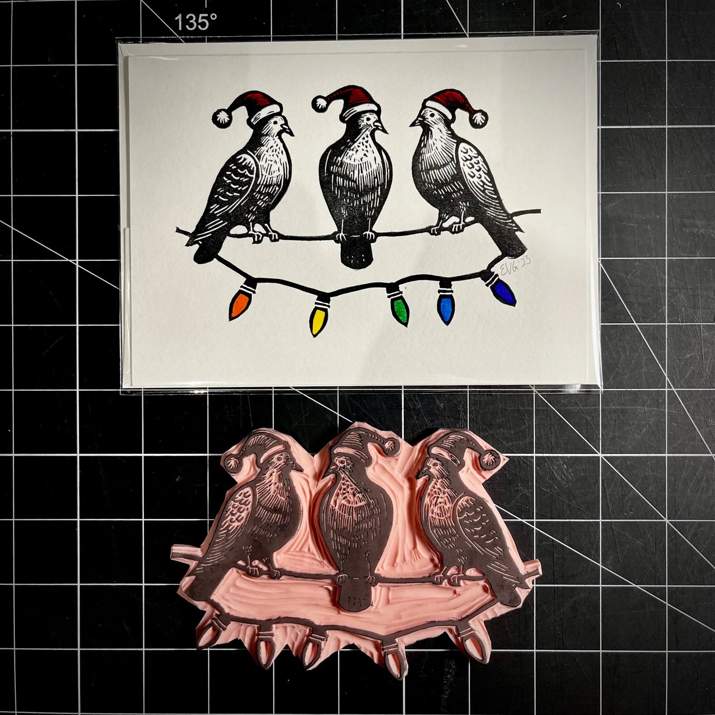 Three Pigeons Slaying Holiday Card | LINOCUT CARD