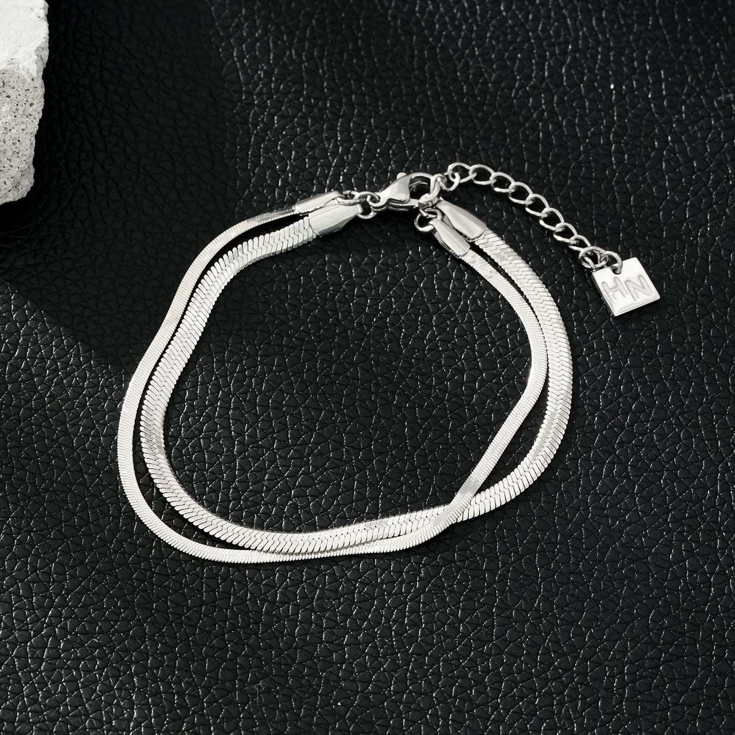 INESE Silver (White Gold): Snake-Skin Textured 2-Layer Bracelet